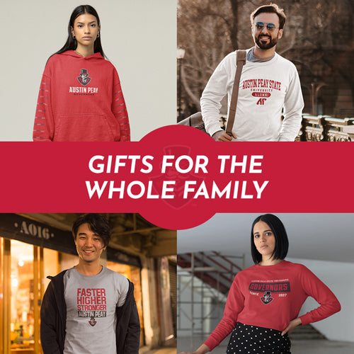 Gifts for the Whole Family. People wearing apparel from APSU Austin Peay State University Governors Apparel - Official Team Gear - Mobile Banner