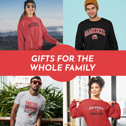 Gifts for the Whole Family. People wearing apparel from JSU Jacksonville State University Gamecocks Apparel – Official Team Gear - Mobile Banner