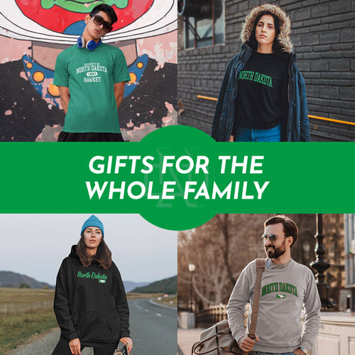Gifts for the Whole Family. People wearing apparel from UND University of North Dakota Fighting Hawks Apparel – Official Team Gear - Mobile Banner