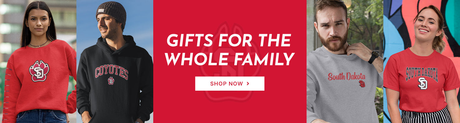Gifts for the Whole Family. People wearing apparel from University of South Dakota Coyotes