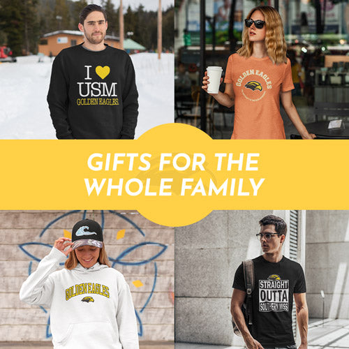 Gifts for the Whole Family. People wearing apparel from USM University of Southern Mississippi Golden Eagles Apparel – Official Team Gear - Mobile Banner
