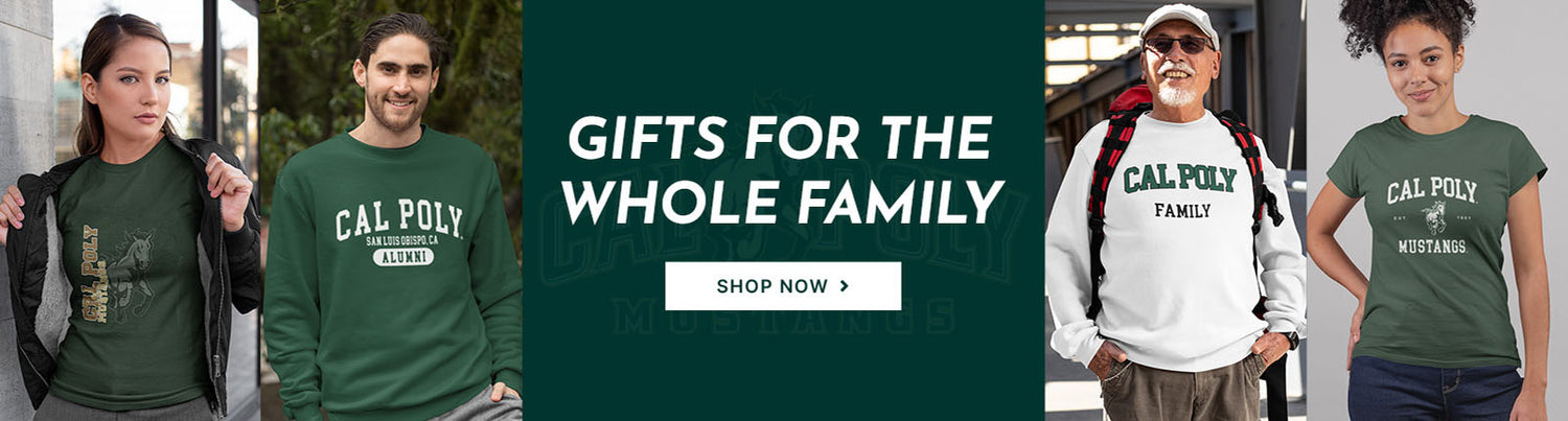 Gifts for the Whole Family. People wearing apparel from California Polytechnic State University SLO Mustangs