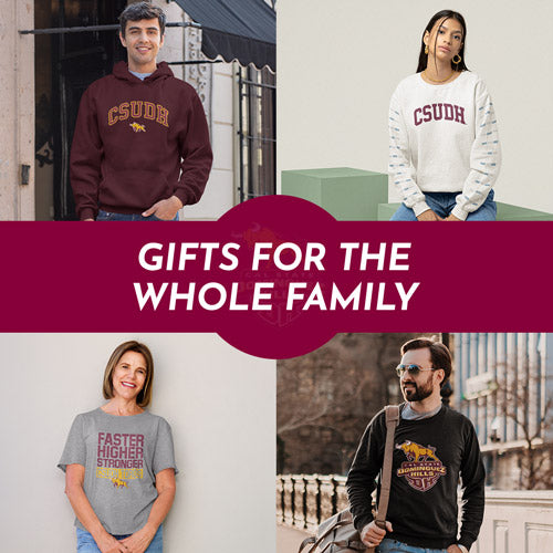 Gifts for the Whole Family. People wearing apparel from CSUDH California State University Dominguez Hills Toros Apparel – Official Team Gear - Mobile Banner