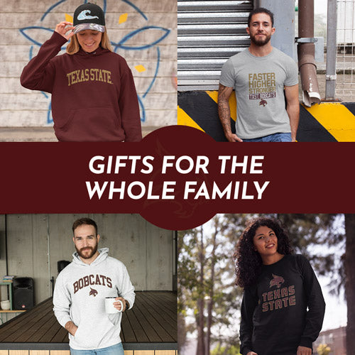 Gifts for the Whole Family. People wearing apparel from Texas State University Boko the Bobcat Apparel – Official Team Gear - Mobile Banner