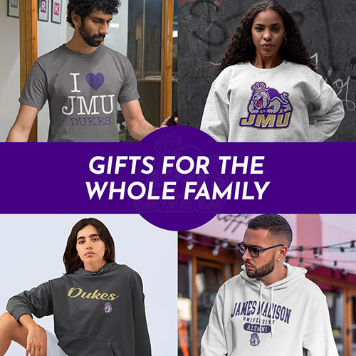 Gifts for the Whole Family. People wearing apparel from JMU James Madison University Foundation Dukes Apparel – Official Team Gear - Mobile Banner