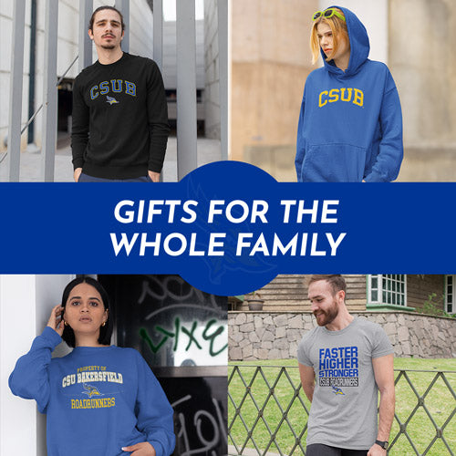 Gifts for the Whole Family. People wearing apparel from CSUB California State University, Bakersfield Roadrunners Apparel – Official Team Gear - Mobile Banner