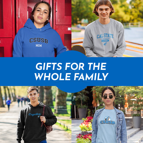 Gifts for the Whole Family. People wearing apparel from CSUSB California State University San Bernardino Coyotes - Mobile Banner