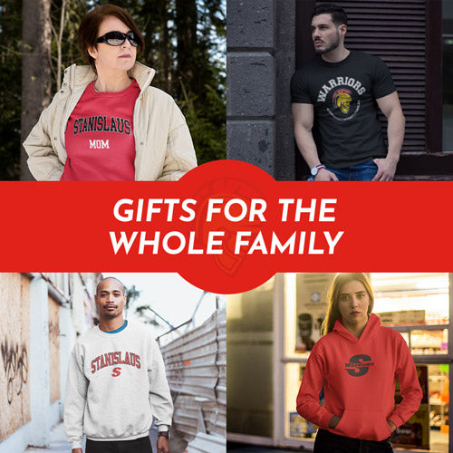 Gifts for the Whole Family. People wearing apparel from California State University Stanislaus Warriors Apparel – Official Team Gear - Mobile Banner