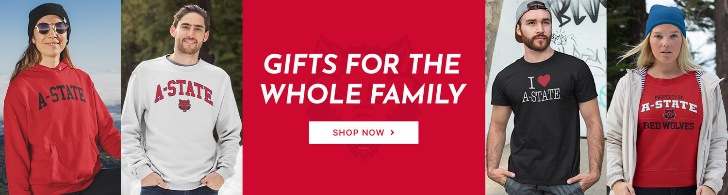 Gifts for the Whole Family. People wearing apparel from Arkansas State University A-State Red Wolves Apparel – Official Team Gear