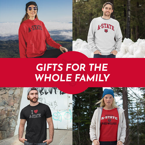 Gifts for the Whole Family. People wearing apparel from Arkansas State University A-State Red Wolves Apparel – Official Team Gear - Mobile Banner