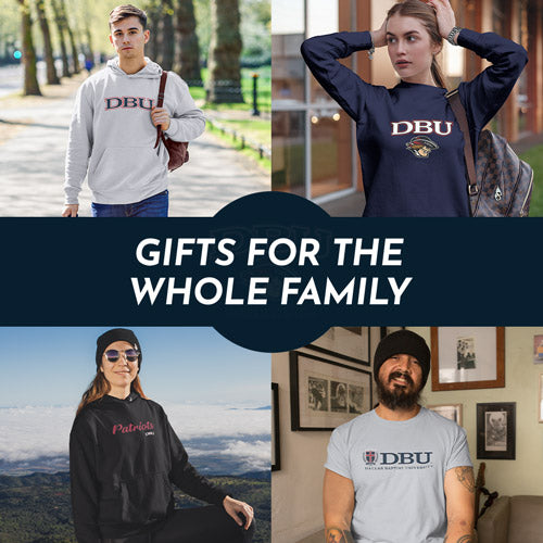 Gifts for the Whole Family. People wearing apparel from DBU Dallas Baptist University Patriots Apparel – Official Team Gear - Mobile Banner