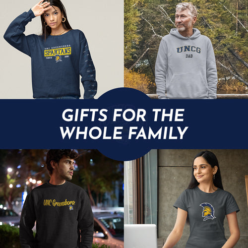 Gifts for the Whole Family. People wearing apparel from UNCG University of North Carolina at Greensboro Spartans Apparel – Official Team Gear - Mobile Banner