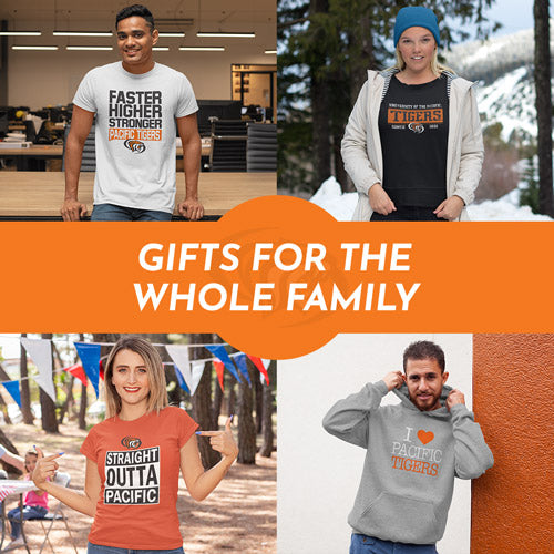 Gifts for the Whole Family. People wearing apparel from University of the Pacific Tigers Apparel – Official Team Gear - Mobile Banner