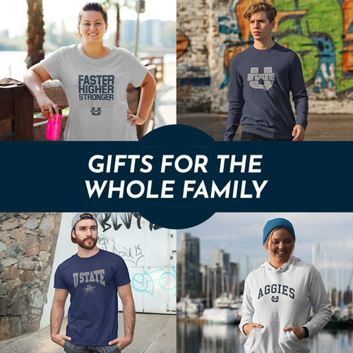 Gifts for the Whole Family. People wearing apparel from Utah State University Aggies Apparel - Official Team Gear - Mobile Banner