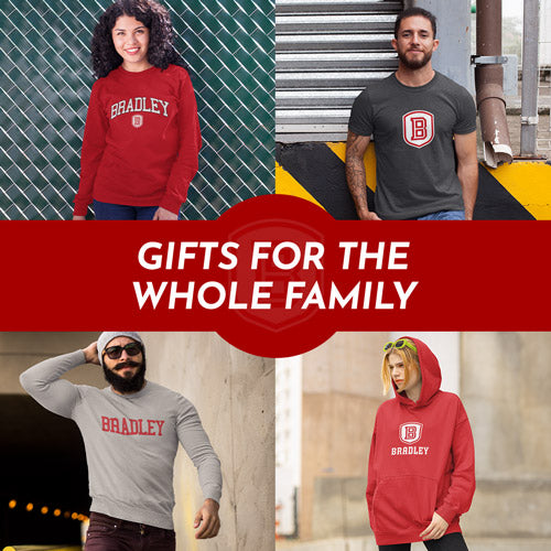 Gifts for the Whole Family. People wearing apparel from Bradley University Braves Apparel – Official Team Gear - Mobile Banner