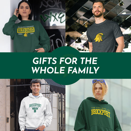 Gifts for the Whole Family. People wearing apparel from SUNY College at Brockport Golden Eagles Apparel – Official Team Gear - Mobile Banner