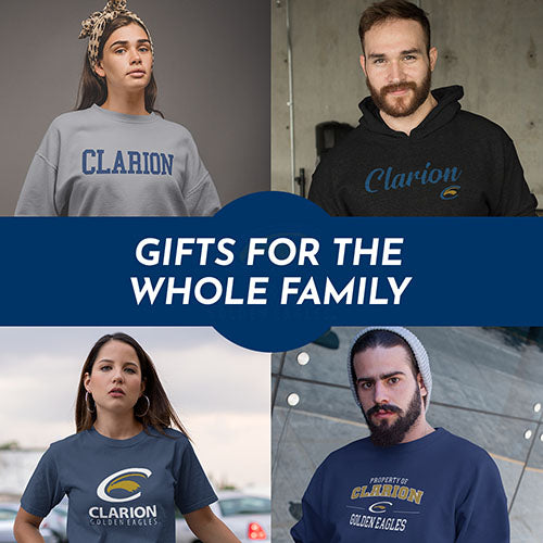 Gifts for the Whole Family. People wearing apparel from Clarion University Golden Eagles Apparel – Official Team Gear - Mobile Banner