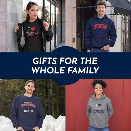 Gifts for the Whole Family. People wearing apparel from Duquesne University Dukes Apparel – Official Team Gear - Mobile Banner