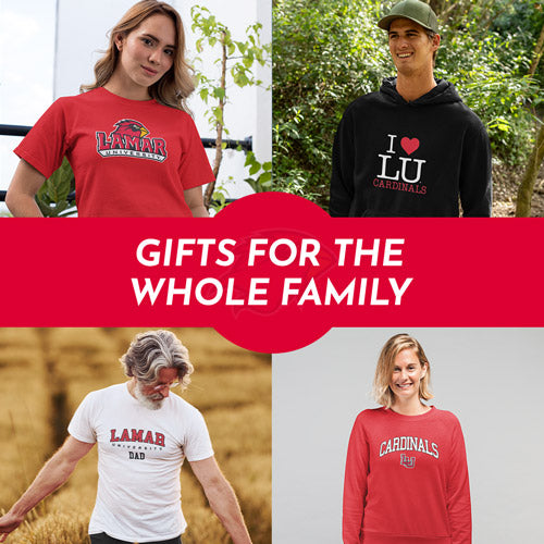 Gifts for the Whole Family. People wearing apparel from Lamar University Cardinals Apparel – Official Team Gear - Mobile Banner