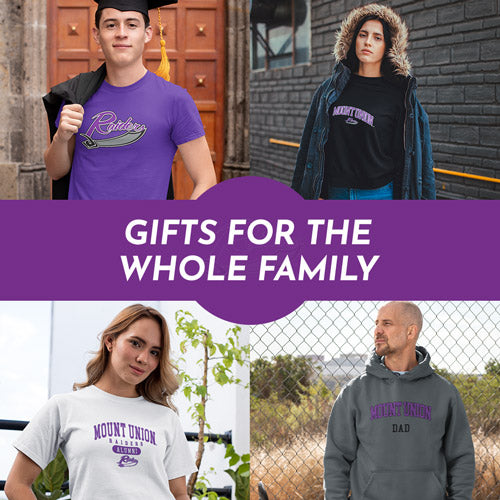 Gifts for the Whole Family. People wearing apparel from University of Mount Union Raiders Apparel – Official Team Gear - Mobile Banner