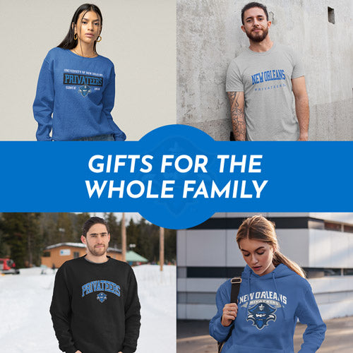 Gifts for the Whole Family. People wearing apparel from UNO University of New Orleans Privateers Apparel – Official Team Gear - Mobile Banner