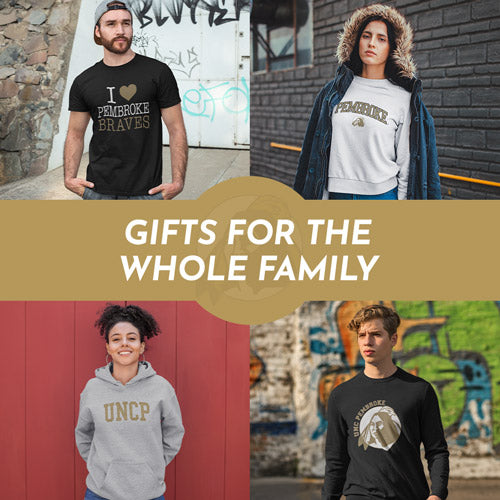 Gifts for the Whole Family. People wearing apparel from UNCP University of North Carolina at Pembroke Braves Apparel – Official Team Gear - Mobile Banner
