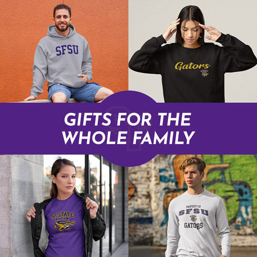 Gifts for the Whole Family. People wearing apparel from SFSU San Francisco State University Gators Apparel – Official Team Gear - Mobile Banner
