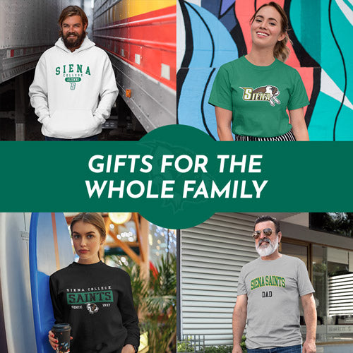 Gifts for the Whole Family. People wearing apparel from Siena College Saints Apparel – Official Team Gear - Mobile Banner