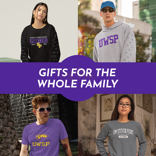 Gifts for the Whole Family. People wearing apparel from UWSP University of Wisconsin Stevens Point Pointers Apparel – Official Team Gear - Mobile Banner