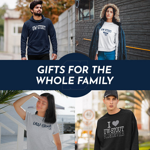 Gifts for the Whole Family. People wearing apparel from UW Stout University of Wisconsin Blue Devils Apparel – Official Team Gear - Mobile Banner
