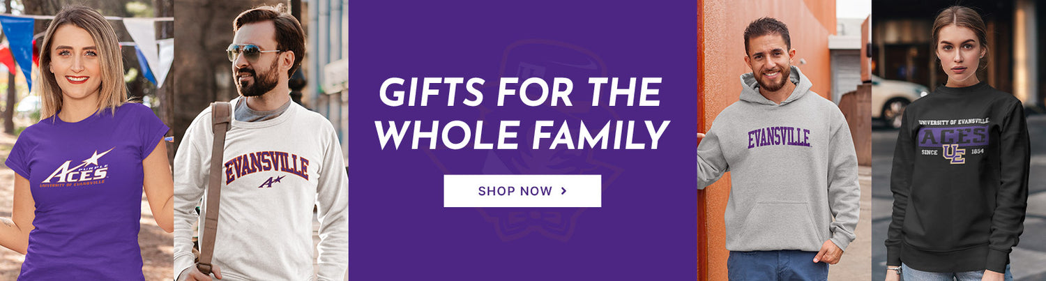 Gifts for the Whole Family. People wearing apparel from University of Evansville Purple Aces