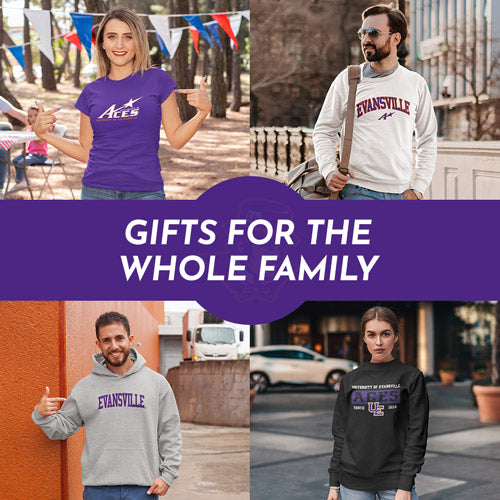 Gifts for the Whole Family. People wearing apparel from University of Evansville Purple Aces - Mobile Banner