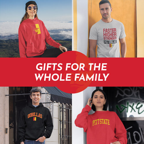 Gifts for the Whole Family. People wearing apparel from Pittsburg State University Gorillas Apparel – Official Team Gear - Mobile Banner