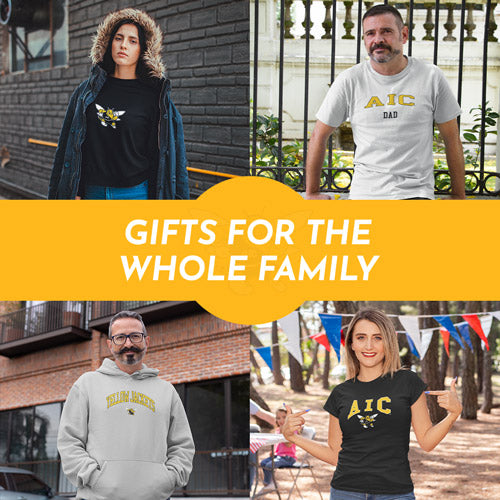 Gifts for the Whole Family. People wearing apparel from American International College Yellow Jackets Official Team Apparel - Mobile Banner