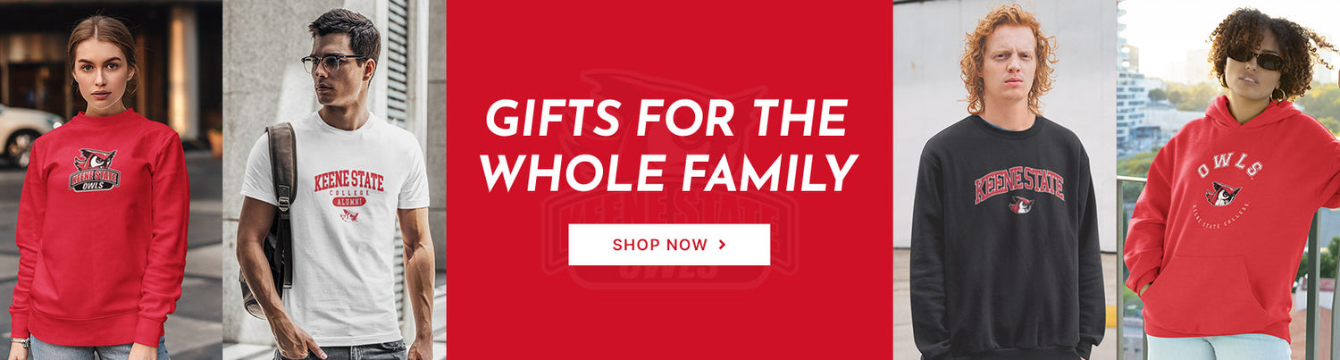Gifts for the Whole Family. People wearing apparel from Keene State College Owls Official Team Apparel