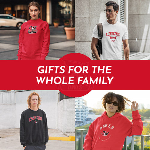 Gifts for the Whole Family. People wearing apparel from Keene State College Owls Official Team Apparel - Mobile Banner