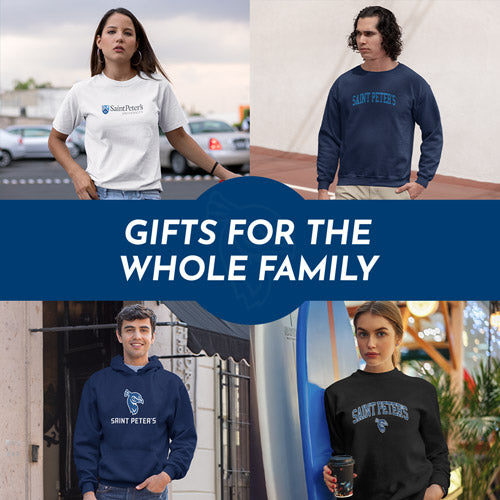 Gifts for the Whole Family. People wearing apparel from Saint Peter's University Peacocks Official Team Apparel - Mobile Banner