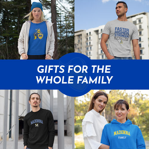 Gifts for the Whole Family. People wearing apparel from Madonna University Crusaders Official Team Apparel - Mobile Banner