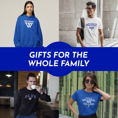 Gifts for the Whole Family. People wearing apparel from Wellesley College Blue Official Team Apparel - Mobile Banner