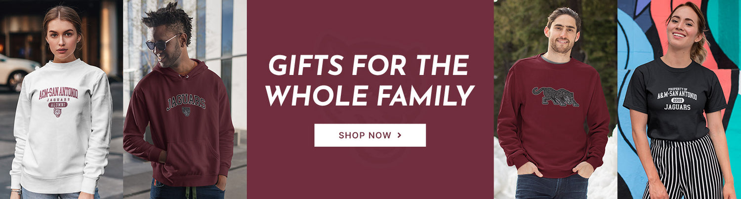 Gifts for the Whole Family. People wearing apparel from Texas A&M University-San Antonio Jaguars Official Team Apparel