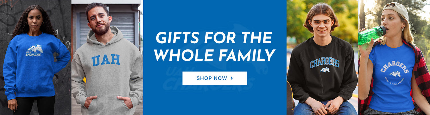 Gifts for the Whole Family. People wearing apparel from The University of Alabama in Huntsville Chargers Official Team Apparel