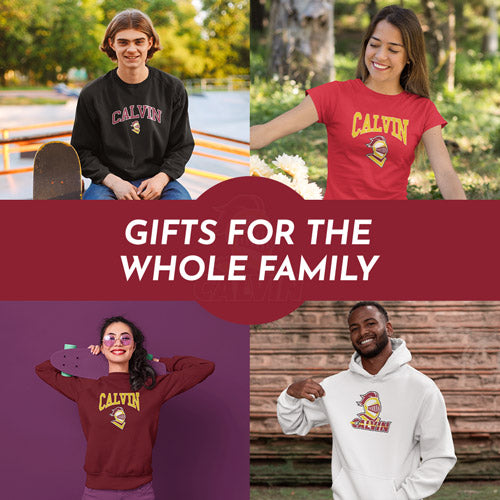 Gifts for the Whole Family. People wearing apparel from Calvin University Knights Official Team Apparel - Mobile Banner