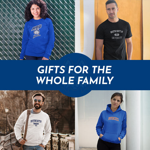 Gifts for the Whole Family. People wearing apparel from Houston Baptist University Huskies Official Team Apparel - Mobile Banner