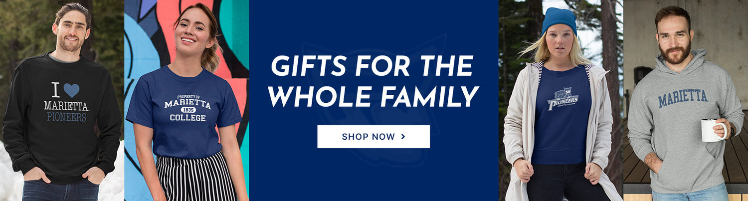 Gifts for the Whole Family. People wearing apparel from Marietta College Pioneers