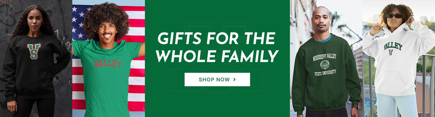 Gifts for the Whole Family. People wearing apparel from Mississippi Valley State University Delta Devils & Devilettes Official Team Apparel