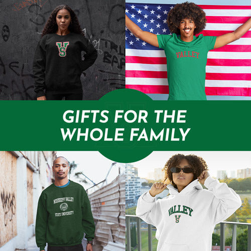 Gifts for the Whole Family. People wearing apparel from Mississippi Valley State University Delta Devils & Devilettes Official Team Apparel - Mobile Banner