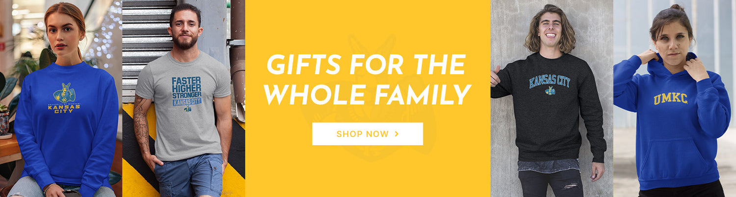 Gifts for the Whole Family. People wearing apparel from University of Missouri-Kansas City Roos Official Team Apparel