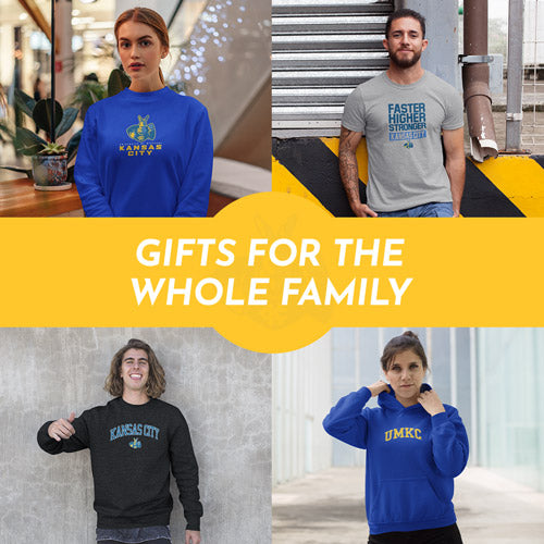 Gifts for the Whole Family. People wearing apparel from University of Missouri-Kansas City Roos Official Team Apparel - Mobile Banner