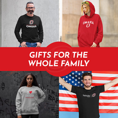 Gifts for the Whole Family. People wearing apparel from University of Nebraska Omaha Mavericks Official Team Apparel - Mobile Banner