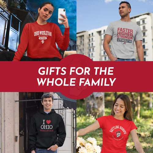 Gifts for the Whole Family. People wearing apparel from Ohio Wesleyan University Bishops Official Team Apparel - Mobile Banner
